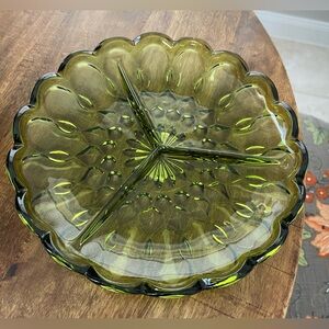 Beautiful Avocado Green 3 Section Glass Relish Dish Platter